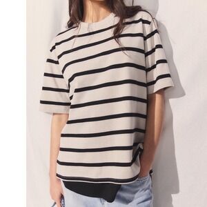 DECJUBA‎ Womens Beige Black Striped Short Sleeve Boxy Tee Sz 6 Australian Basics